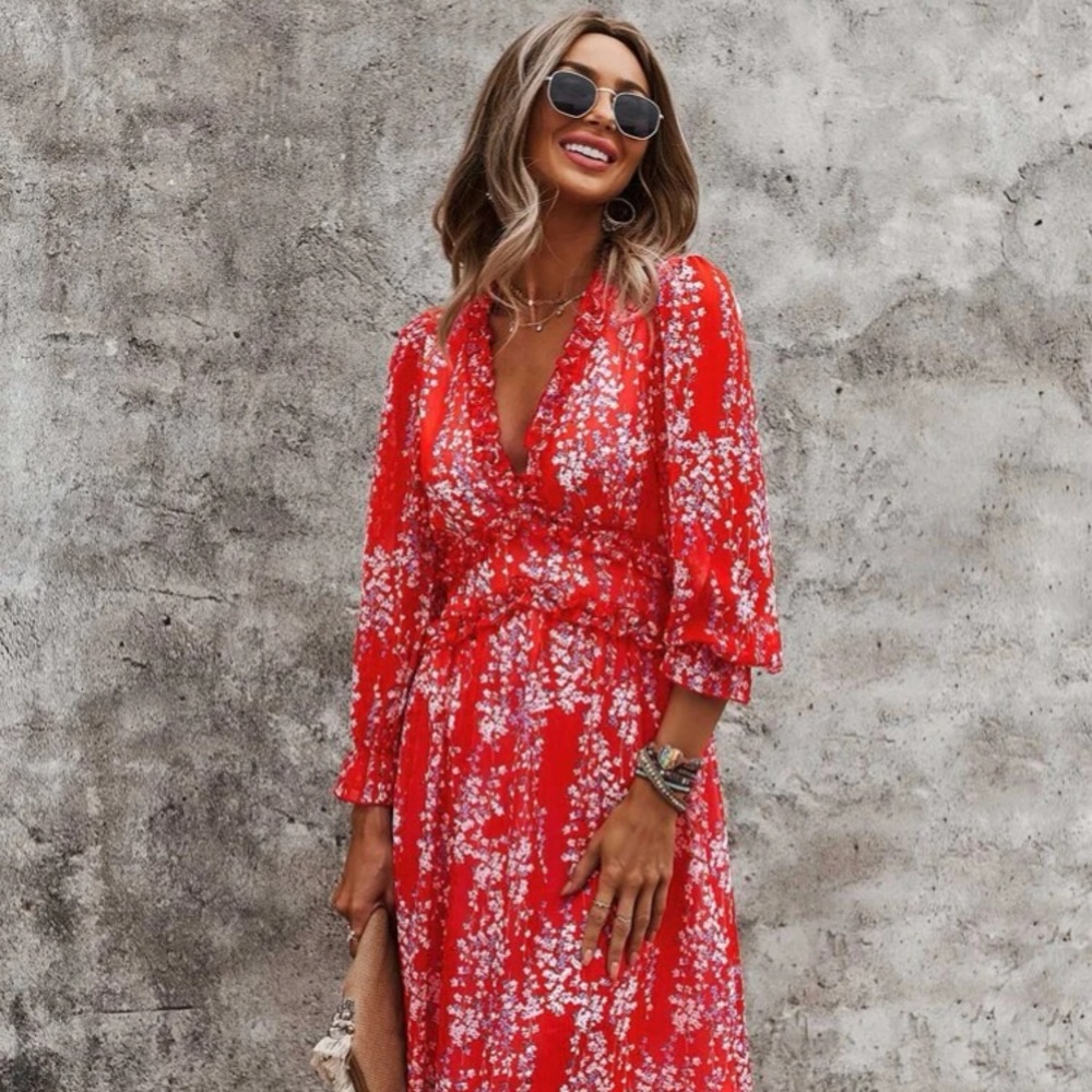 Ruffled Plunging Neckline Floral Dress